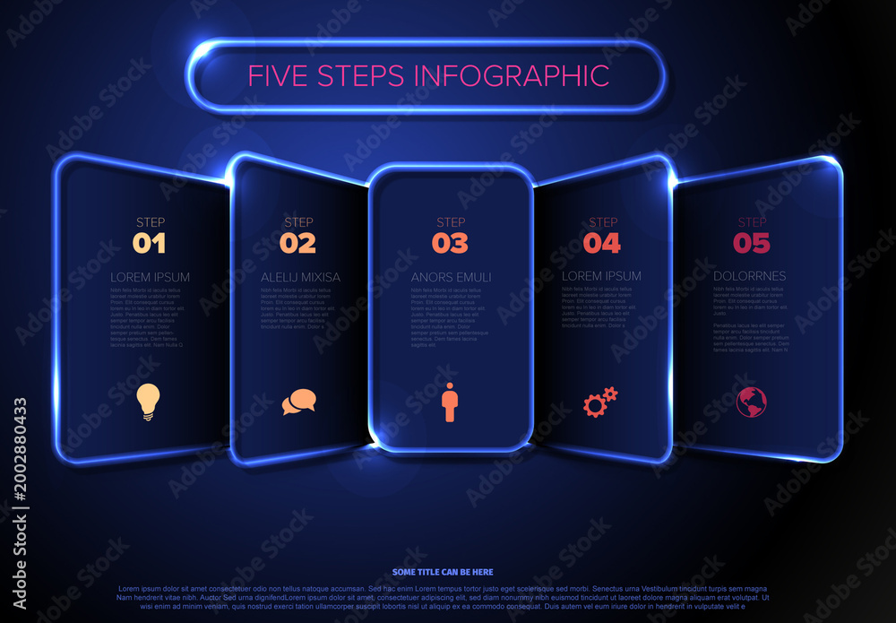 Futuristic Five Steps Infographic with Glowing Blue Neon Frames Stock ...