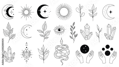 Mystical esoteric symbols collection featuring celestial sun moon stars crystals snake and magical hands in delicate black line art.