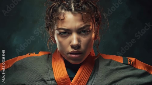 Brazilian Jujutsu fighter shows determination and focus while preparing for an upcoming competition, showcasing her skills in a dramatic setting
