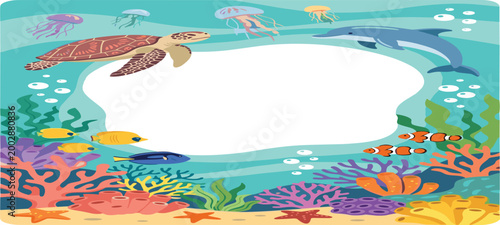 Underwater marine life frame background with copy space featuring sea turtle dolphin jellyfish tropical fish and vibrant coral reef flat vector illustration.
