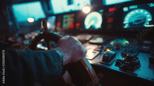 captain hands on ship steering wheel and sonar navigation instruments, cinematic maritime control room, cold blue lighting