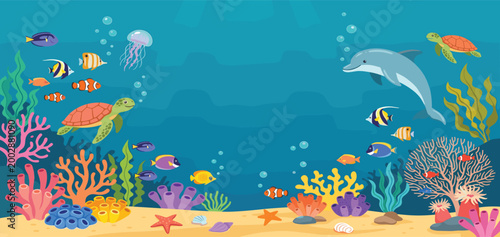 Underwater marine life frame background with copy space featuring sea turtles, dolphin, jellyfish, tropical fish, and colorful coral reef plants in flat vector illustration style.
