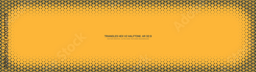 Triangular grid halftone pattern rounded vignette frame ultra wide 32:9 aspect ratio vector yellow black abstract background. Half tone texture ultrawide format retro futuristic graphical abstraction