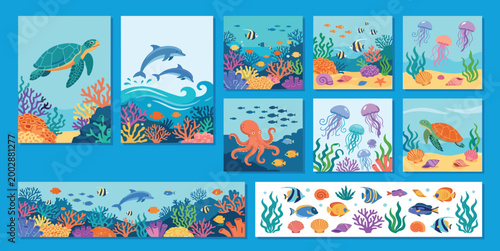 Underwater marine life vector collection featuring sea turtle dolphin octopus jellyfish and coral reef illustrations in square vertical and horizontal banner formats.