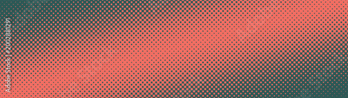 Panoramic abstract background in ultra wide 32:9 vector format with red green checkered halftone pattern and diagonal faded border. Bold design for banner, header, UI, business presentation layouts