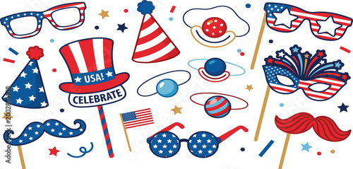 USA Independence Day photo booth props vector set featuring patriotic hats, glasses, mustaches, and masks with stars and stripes for 4th of July party decorations.