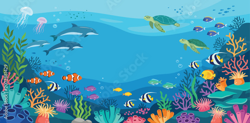 Underwater ocean life background with copy space featuring swimming dolphins sea turtles jellyfish tropical fish and vibrant coral reef flat vector illustration.