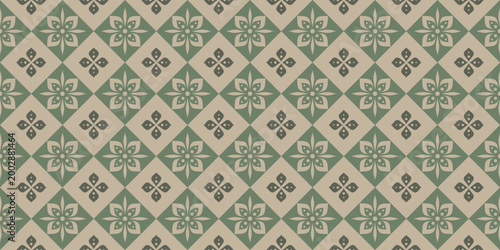 Obraz na plátně Beige and green tile background with abstract geometric flowers