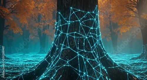 Enchanted autumn forest with vibrant blue digital network embracing trees & ground