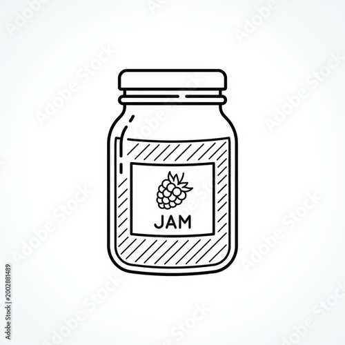 Simple line drawing of a jar of jam with a raspberry label.