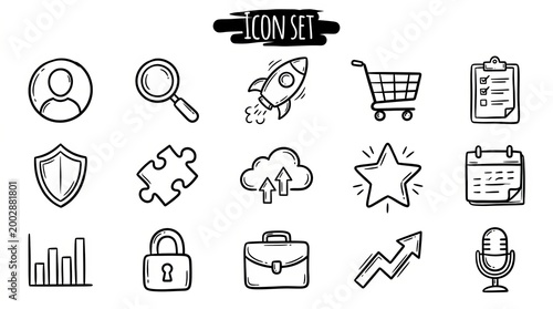 Doodle icon set representing business concepts like search, launch, shopping, and security.