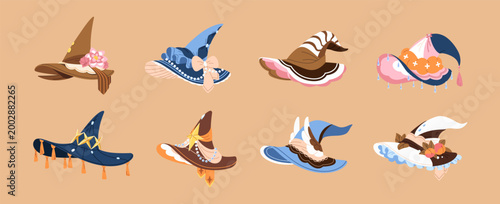 Ornamented wizards hats set. Different decorated witches caps with tassels, feathers, stars. Magic pointed headgear of fairy, sorceress Halloween costume. Flat isolated vector illustrations