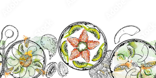 Εκτύπωση καμβά Seamless border with green smoothie bowls topped with kiwi, apple and cucumber, sliced avocado, citrus wheels, red strawberry accents