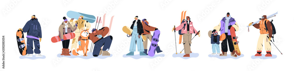 Fototapeta premium People with skis and snowboards set. Group of skiers with equipment. Friends, couples and families are riding on snow board, do sports in winter. Flat isolated vector illustrations on white background