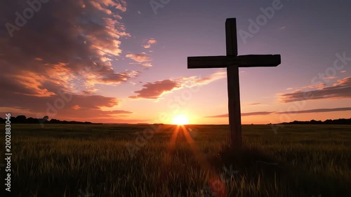 Lone wooden cross silhouetted against a vibrant sunset over a grassy field.