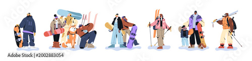 People with skis and snowboards set. Group of skiers with equipment. Friends, couples and families are riding on snow board, do sports in winter. Flat isolated vector illustrations on white background