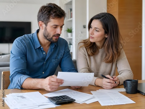 Young couple sitting at desk and analyzing their domestic finances while reviewing bank documents and bills at home.