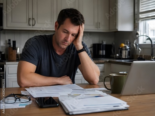 Stressed man sitting in kitchen managing domestic finances and feeling overwhelmed by bills and paperwork