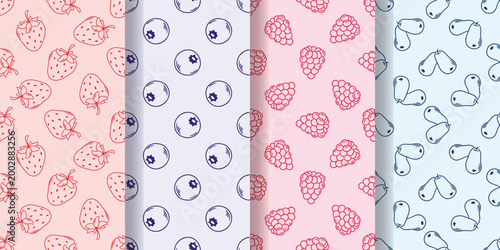 Set of summer berry prints. Hand-drawn strawberries, raspberries, blueberries and honeysuckle on delicate backgrounds. Seamless pattern for textiles, covers, packaging and paper. Vector graphics