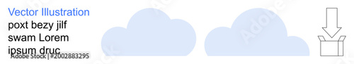 Digital storage, data transfer, cloud services, file sharing, technology icons, web-based concept. Two cloud shapes and a downward arrow. Digital storage and data transfer concept