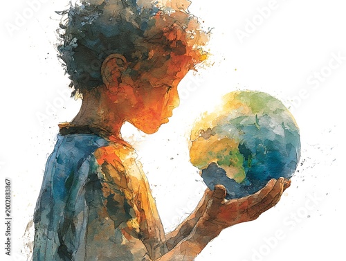 Brightly illustrated globe held by a young boy with a warm smile showcasing a love for the earth