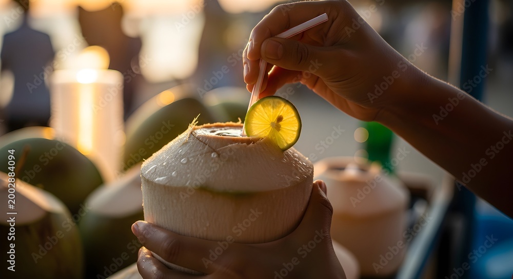 Obraz premium Hands holding fresh young coconut with straw and lime slice at tropical beach sunset for refreshing summer drink