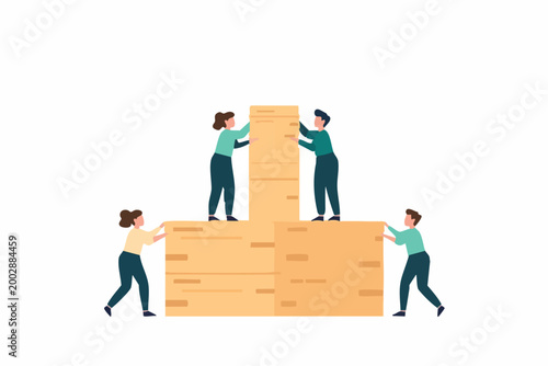 Team building strategy by stacking blocks with flat design, teamwork