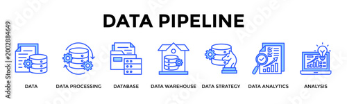 Data Pipeline  Banner Web  Icon Set Collection Pack Vector Illustration Concept Containing Data, Data Processing, Database, Data Warehouse, Data Strategy, Data Analytics, Analysis