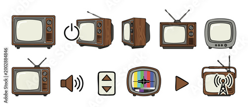 Vintage Television Set Icons Collection, Retro TV Devices with Wooden Housing and Antenna, Old School Broadcasting Media Equipment, Classic Electronics Vector Illustration Set for UI UX and Web Design