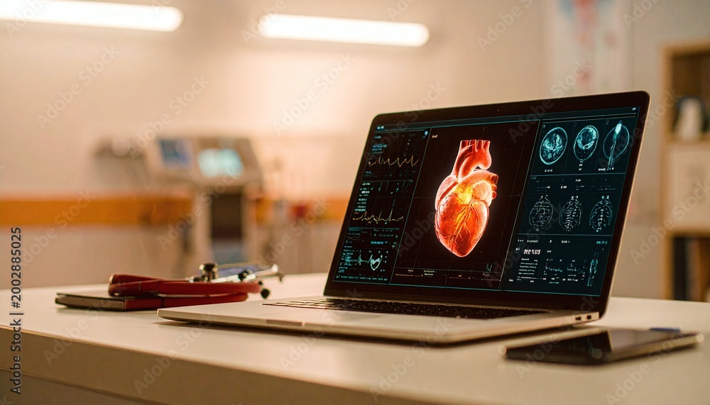 Fototapeta premium Modern laptop displaying a detailed 3D human heart and cardiac data in a clinic. A metaphor for the future of medicine, digital innovation, and advanced diagnostic healthcare technology.