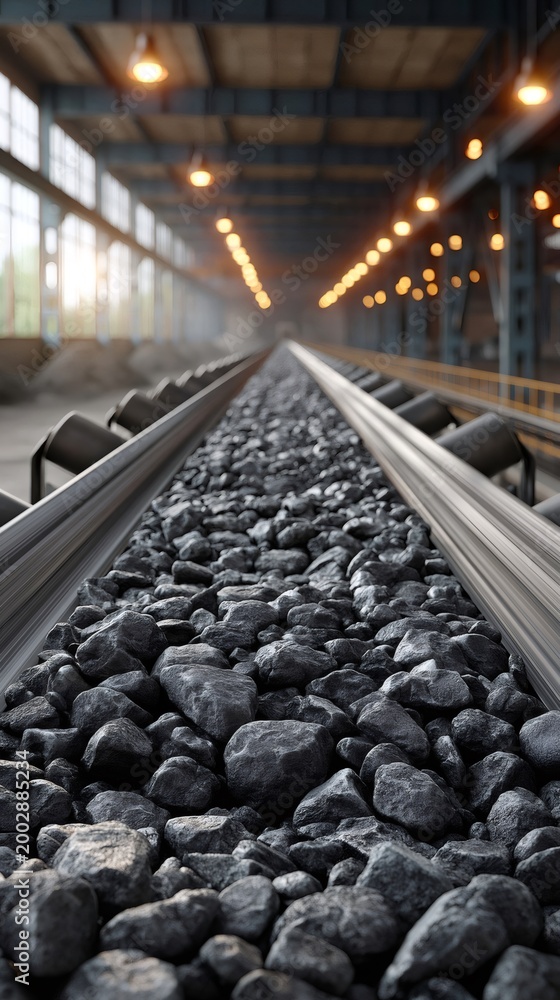 Fototapeta premium Coal moving on industrial conveyor belt system