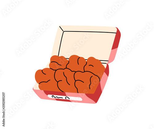 Box of crispy chicken nuggets. Paper packaging of crunchy tempura strips. Appetizing fast food. Delicious breaded and deep fried fastfood. Flat isolated vector illustration on white background