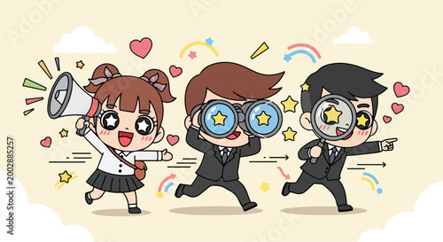 Cute cartoon children with glasses and headphones dancing and having fun in a playful scene