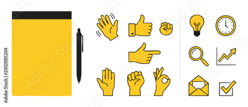 Yellow Notebook and Pen Set with Hand Gestures and Business Icons, Flat Vector Graphic Elements for Infographics, Planning, Communication, and Creative Brainstorming Projects on White Background