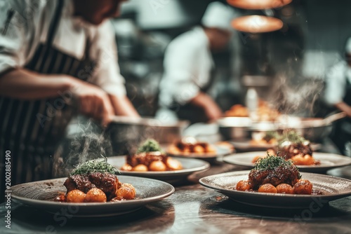 Busy restaurant pass with plated mains being garnished and served by chefs in a heated commercial kitchen for menu and hospitality visuals