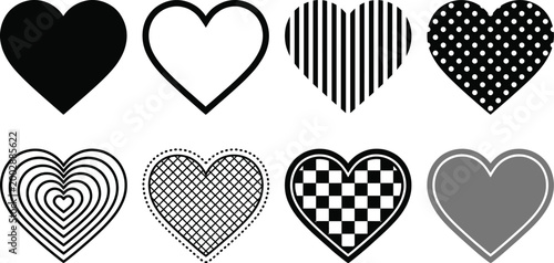 Eight black and white heart shapes with various patterns and outlines symbol love romance