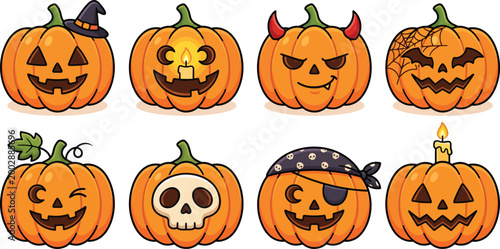 Eight cartoon pumpkins with different carved faces and accessories for halloween jack o lantern