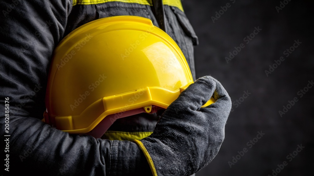 Fototapeta premium Construction worker holding yellow safety hard hat