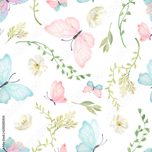 Cute and gentle seamless pattern for girls with pink and blue butterflies, flowers and branches.