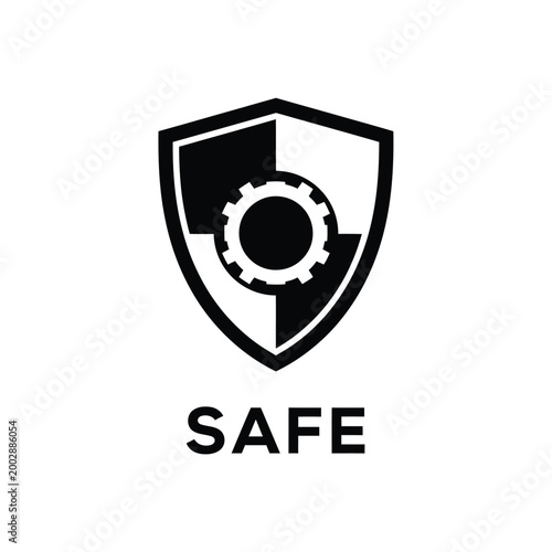 shield with gear icon and the word safe black and white graphic design high quality professional detailed modern elegant stylish