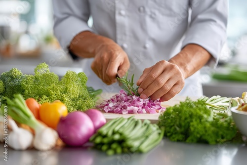 Chef preparing fresh ingredients chopping red onion and herbs with vegetables on a work surface for recipe background and culinary design