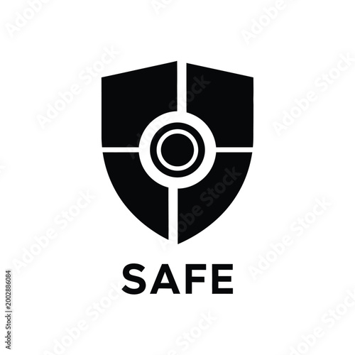 black shield symbol with target center and the word safe in bold typography on white high quality professional detailed modern