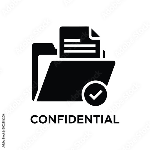 confidential folder icon with document and checkmark symbol in solid black style on white background high quality professional detailed modern