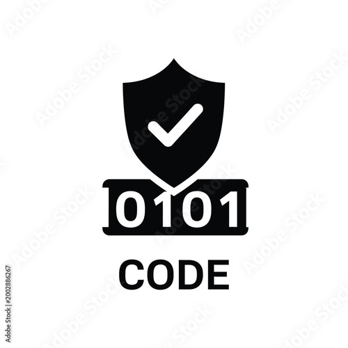security shield icon with checkmark and binary code black silhouette on white background high quality professional detailed modern elegant stylish