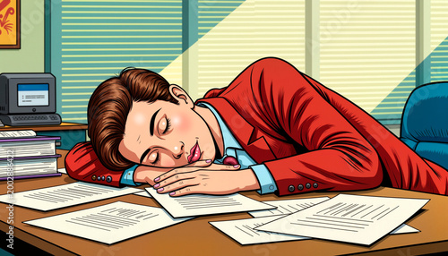 Tired businessman sleeping on desk surrounded by paperwork in office, Comic Pop Art  