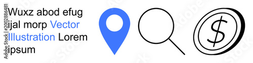 Navigation, financial analysis, location tracking, search tools, business planning, economy. Blue map pin, magnifying glass and dollar symbol. Location tracking and financial analysis concept