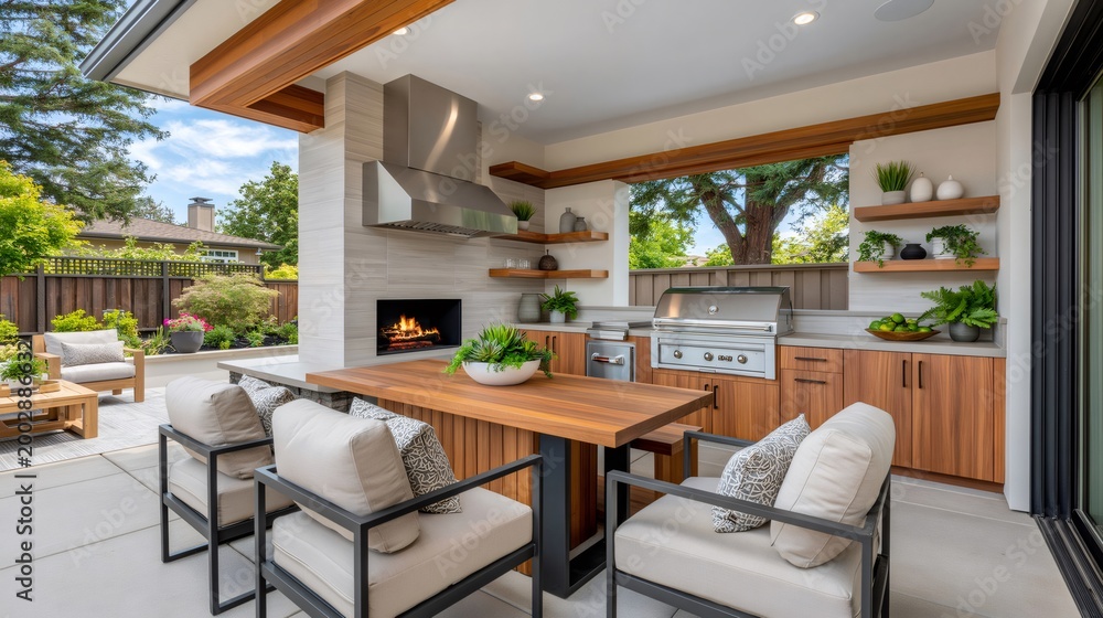 Obraz premium Modern outdoor kitchen patio with fireplace and grill