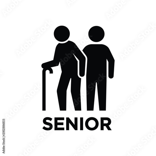 senior people silhouette with walking cane and text black and white pictogram on a white background high quality professional detailed