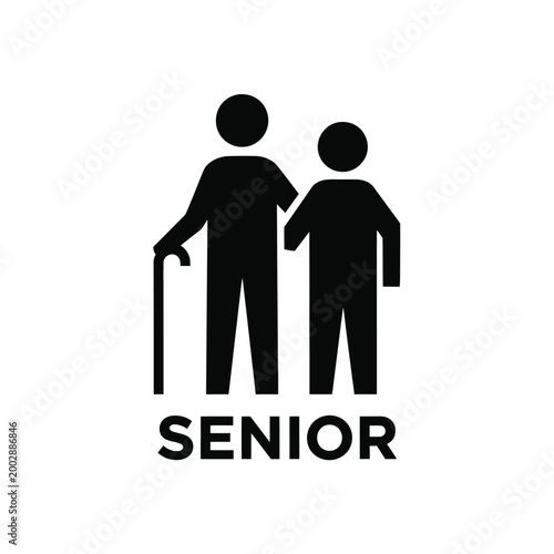 senior citizen pictogram featuring an elderly man with a cane and a child silhouette on a white background high quality