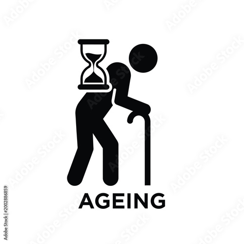 silhouette of elderly person with hourglass and walking cane black and white pictogram high quality professional detailed modern elegant stylish